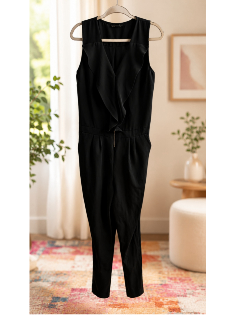 Attention Black Sleeveless Ruffle Front Tapered Leg Jumpsuit with Pockets Size L